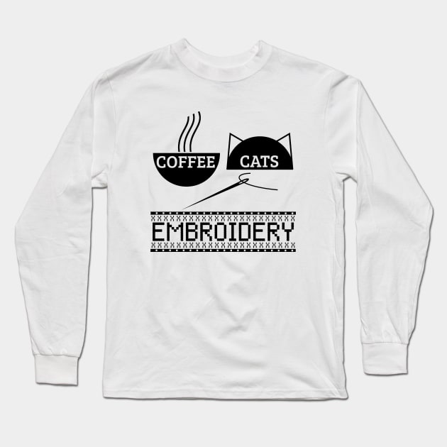 Coffee Cats Embroidery Funny Quote Needlework Gift Long Sleeve T-Shirt by bigD